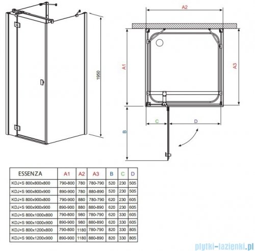 Radaway Kabina prysznicowa Essenza KDJ+S 90x120x90 prawa szkło przejrzyste + brodzik Doros D + syfon 32943-01-01R