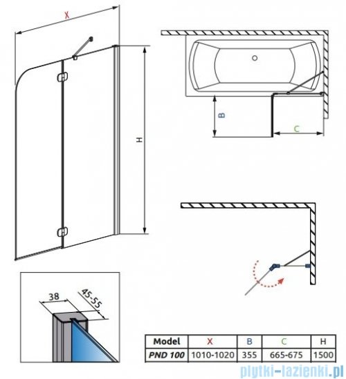 Radaway Torrenta PND Parawan nawannowy dwuczęściowy 100cm prawy szkło przejrzyste 201202-101NR