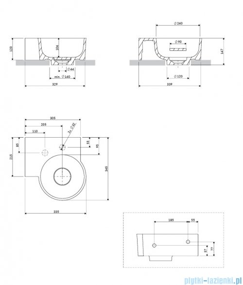 Omnires Ovo M+ umywalka nablatowa/wisząca lewa 33x34 cm biały mat OVO335UWLBM