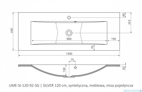 rysunek techniczny Oristo Silver umywalka meblowa konglomeratowa 120x45cm UME-SI-120-92-C