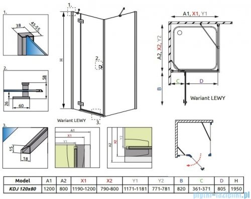 Radaway Kabina prysznicowa Almatea KDJ 120x80 lewa szkło przejrzyste + brodzik Doros D + syfon 32141-01-01NL