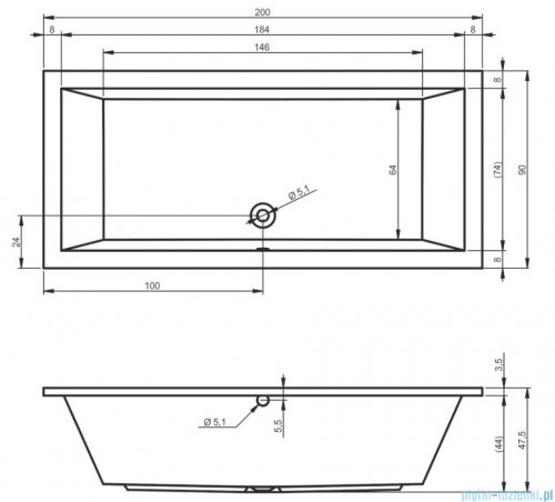 Riho Lusso 200x90cm wanna prostokątna z hydromasażem Pneumatic S2 prawa + nogi + syfon BA60-PNES2-P