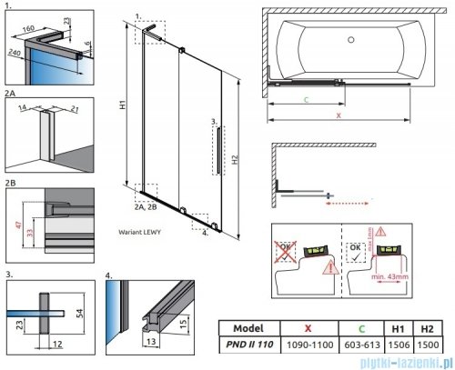Radaway Furo SL PND II parawan nawannowy 110cm lewy chrom połysk/przejrzyste 10309588-01-01L/10112544-01-01