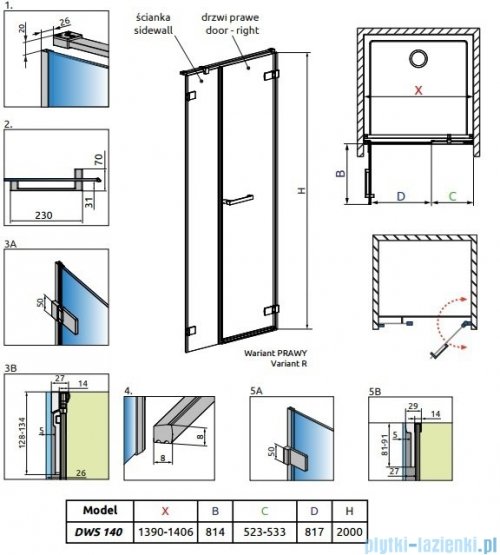 Radaway Arta Dws drzwi wnękowe 140cm prawe szkło przejrzyste 386828-03-01R/386095-03-01R