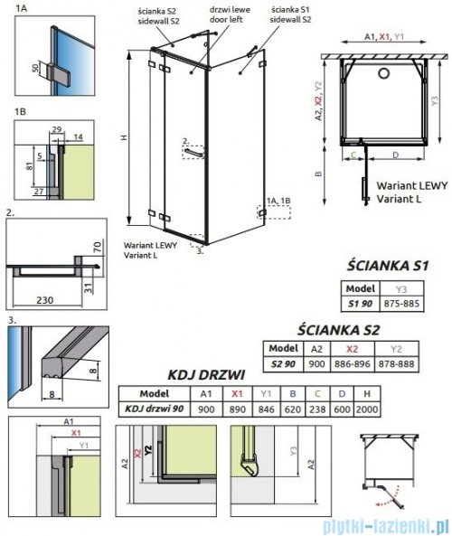 Radaway Euphoria KDJ+S Kabina przyścienna 90x90x90 lewa szkło przejrzyste 383612-01L/383221-01L/383050-01/383030-01