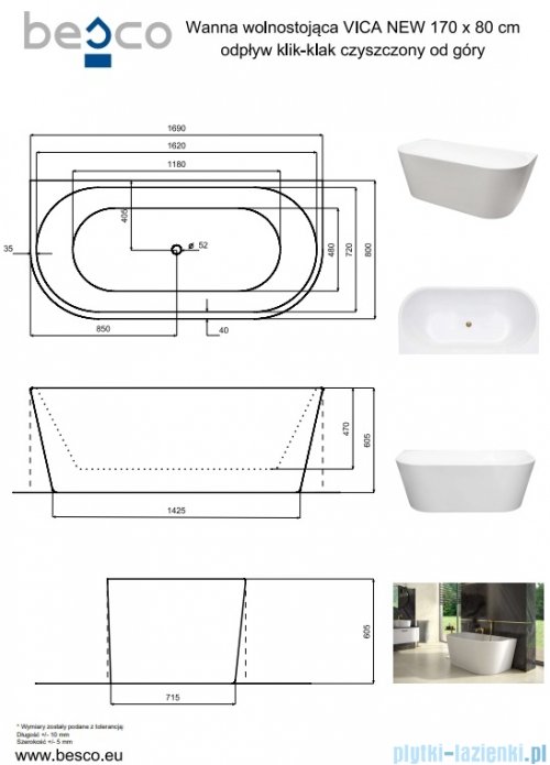Besco Vica New wanna 170x80cm wolnostojąca przyścienna z odpływem klik-klak gun metal grafit #WAS-170VNGO