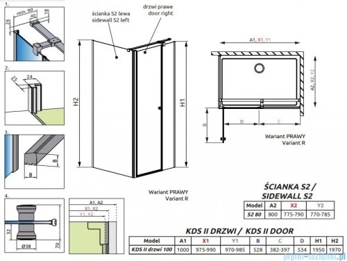 Radaway Eos KDS II kabina prysznicowa 100x80 prawa przejrzyste 13799482-01R/13799430-01