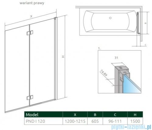 Radaway Nes Black Pnd I parawan nawannowy 120cm prawy przejrzyste 10010120-54-01R 