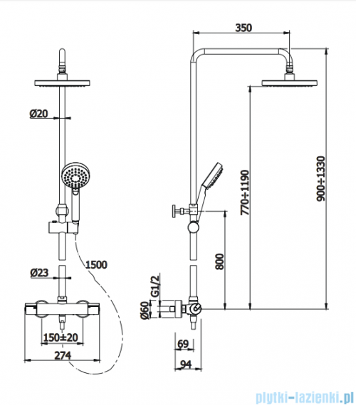 Omnires Y zestaw prysznicowy natynkowy termostatyczny czarny Y1244JBL