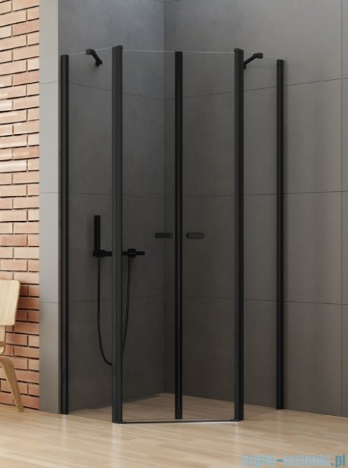 New Trendy New Soleo Black 90x90x195 cm kabina pięciokątna uniwersalna drzwi podwójne wspornik skośny czarna szkło przejrzyste K-0617