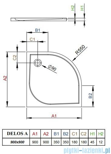 Radaway Brodzik półokrągły Delos A 90x90 SDA0909-01