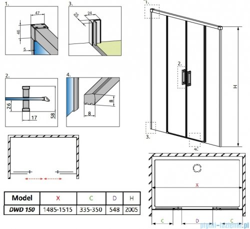 Radaway Idea 6 DWD Brushed GunMetal drzwi wnękowe 150cm szczotkowany grafit 387125-92-01