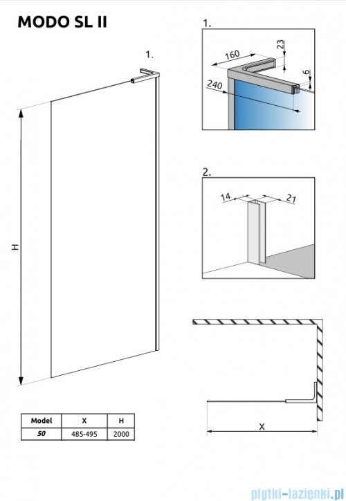 Radaway Modo SL II kabina Walk-in 50x200 prawa szkło przejrzyste 10319054-01-01R