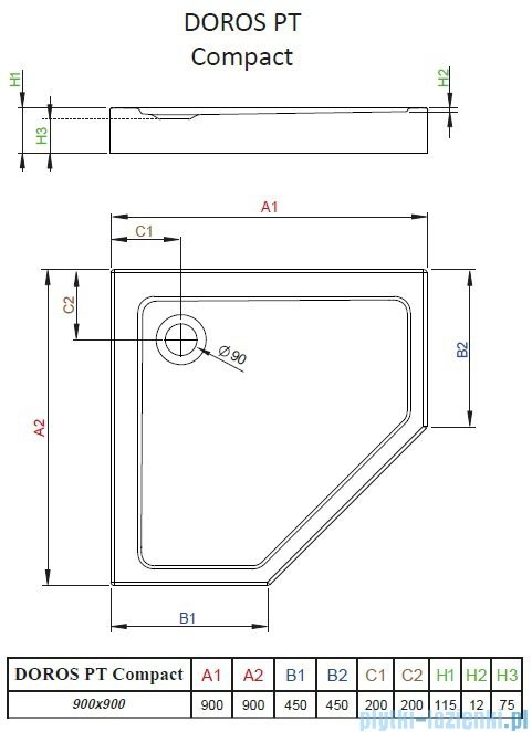 Radaway Doros PT Compact brodzik pięciokątny 90x90x11,5cm SDRPTP9090-05