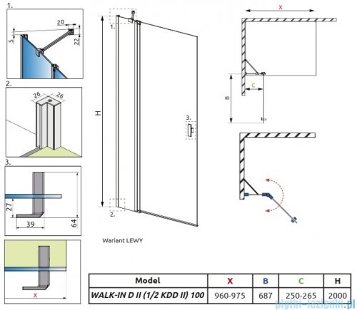 Radaway Nes KDD II Brushed Light Gold kabina walk-in 100cm lewa szczotkowane jasne złoto szkło przejrzyste 10031100-98-01L