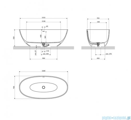 Omnires Shell M+ wanna wolnostojąca z przelewem 160x75 cm biały połysk SHELLWWZPBP
