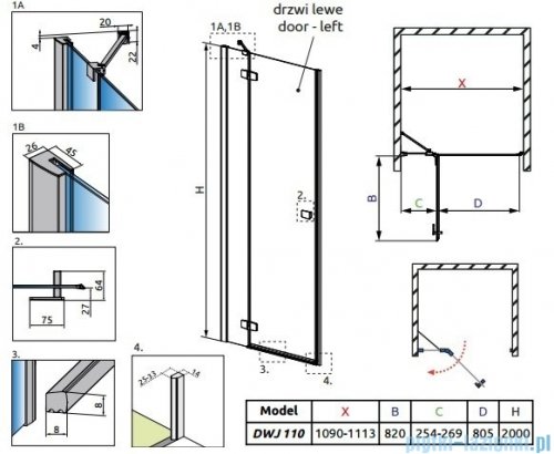 Radaway Fuenta New Dwj drzwi wnękowe 110cm lewe szkło przejrzyste 384015-01-01L