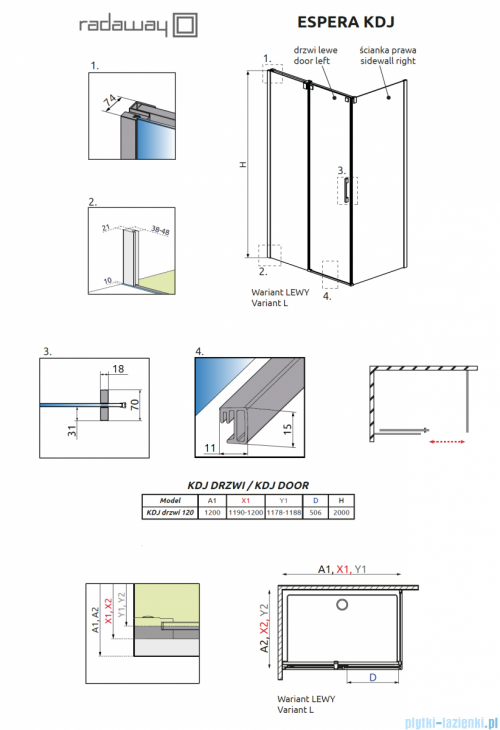 Radaway Espera KDJ Drzwi prysznicowe 120 lewe szkło przejrzyste 380595-01L/380232-01L