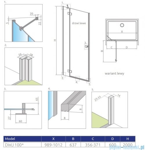 Radaway Essenza 8 Brushed Nickel Dwj drzwi wnękowe 100cm lewe szczotkowany nikiel/szkło przejrzyste 10480612-01-01L/10460337-91-01L