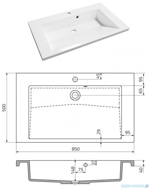 rysunek techniczny Oristo Brylant szafka z umywalką 84x50x48cm biały połysk OR36-SD2S-85-1/UME-BR-85-92