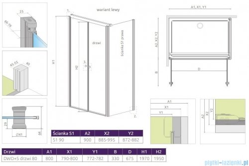 Radaway Eos II DWD+S Kabina 80x90 lewa szkło przejrzyste 3799490-01/3799411-01R