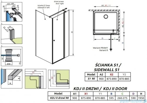 Radaway Eos KDJ II kabina prysznicowa 90x90 prawa przejrzyste 13799421-01R/13799411-01