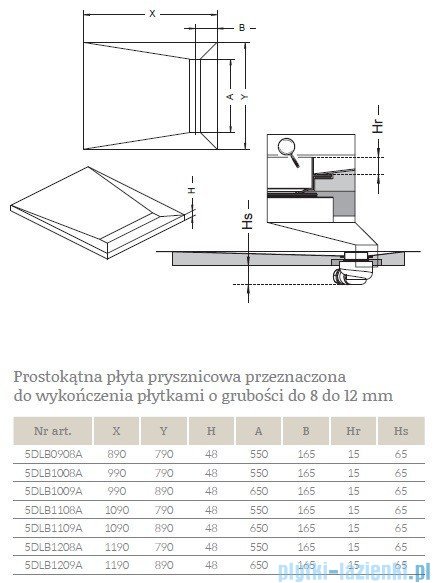 Radaway prostokątny brodzik podpłytkowy z odpływem liniowym Flowers na krótszym boku 99x79cm 5DLB1008A,5R055F,5SL1