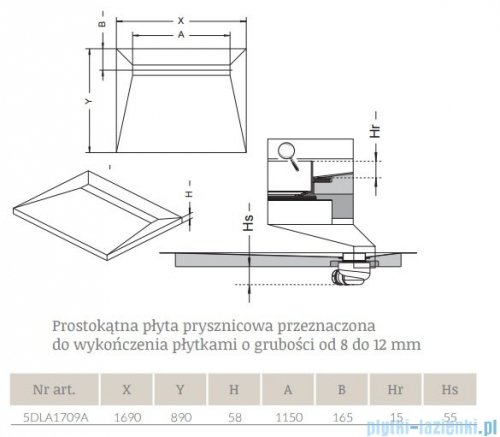 Radaway prostokątny brodzik podpłytkowy z odpływem liniowym Basic na dłuższym boku 169x89cm 5DLA1709A,5R115B,5SL1