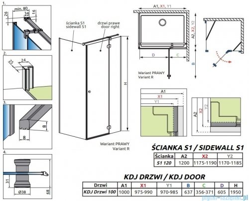 Radaway Torrenta KDJ kabina prysznicowa 100x120 prawa przejrzyste wspornik krzyżowy 133210-01-01R/1330120-01-01