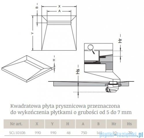 Radaway kwadratowy brodzik podpłytkowy z odpływem liniowym Rain 99x99cm 5CL1010B,5R075R,5SL1