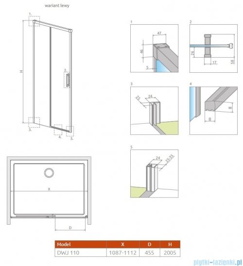 Radaway Idea Gold DWJ drzwi wnękowe 110cm lewe złoty połysk/szkło przejrzyste 387015-09-01L