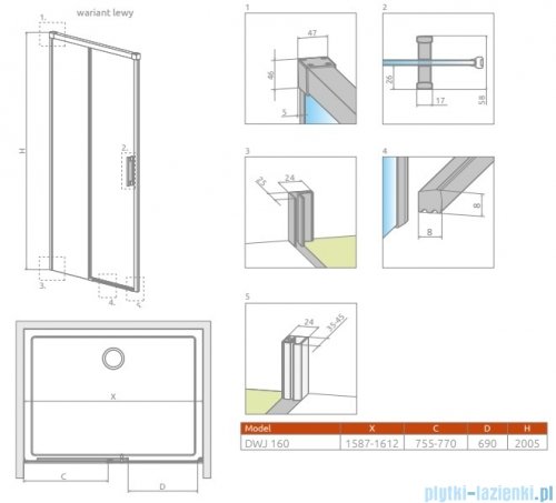 Radaway Idea DWJ Brushed Nickel drzwi wnękowe 160cm lewe szczotkowany nikiel 387020-91-01L