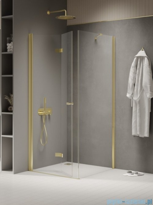New Trendy New Soleo Light Gold 100x90x195 cm kabina lewa drzwi składane pojedyncze wspornik skośny złoty jasny połysk/szkło przejrzyste  K-1915