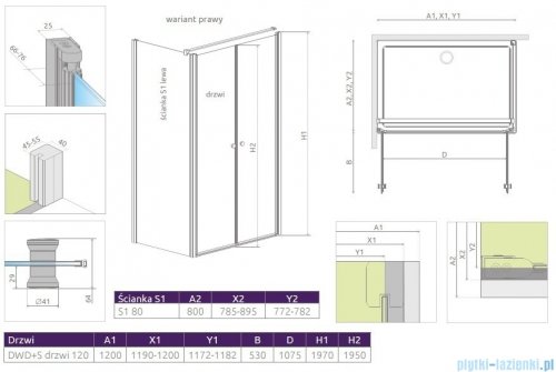 Radaway Eos II DWD+S Kabina 120x80 prawa szkło przejrzyste + brodzik Argos D + syfon 3799494-01/3799410-01L/4AD812-01