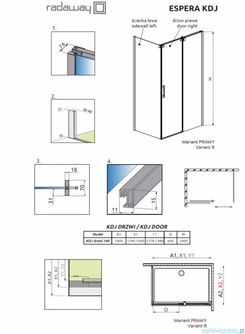 Radaway Espera KDJ Drzwi prysznicowe 140 prawe szkło przejrzyste 380695-01R/380234-01R