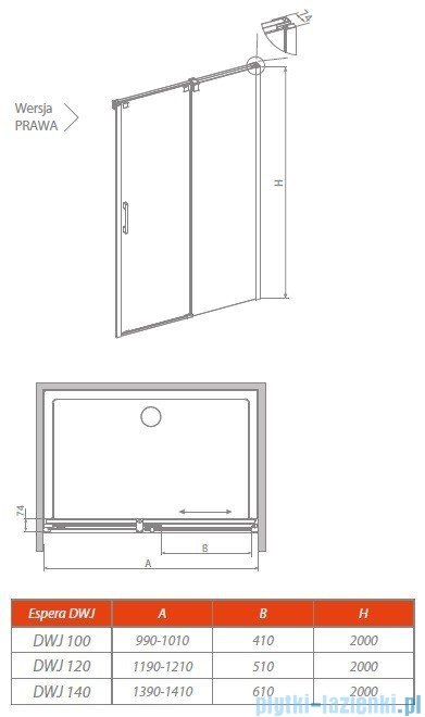 Radaway Espera DWJ Mirror Drzwi wnękowe przesuwne 140 prawe szkło przejrzyste 380695-01R/380214-71R