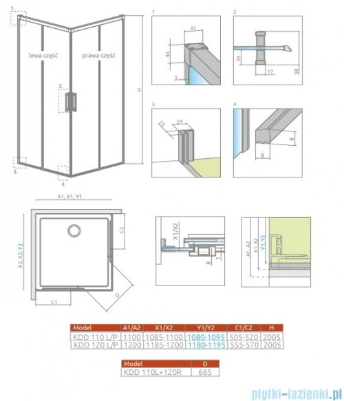 Radaway Idea 6 Kdd Brushed Light Gold kabina 110x120cm szczotkowane jasne złoto 387063-98-01L/387064-98-01R