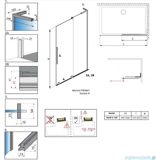 Radaway Furo SL Brushed Gold kabina Walk-in 100x200cm prawa szczotkowane złoto 10306538-99-01R/10110494-01-01