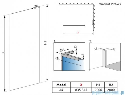 Radaway Modo SL II Brushed Light Gold kabina Walk-in 85x200 prawa szczotkowane jasne złoto szkło przejrzyste 10319085-98-01R