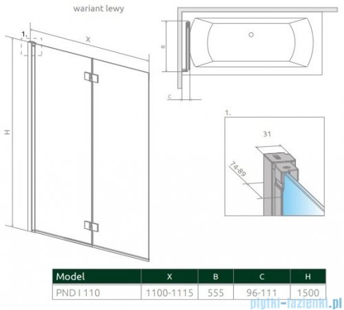 Radaway Nes Pnd I parawan nawannowy 110cm lewy przejrzyste 10010110-01-01L