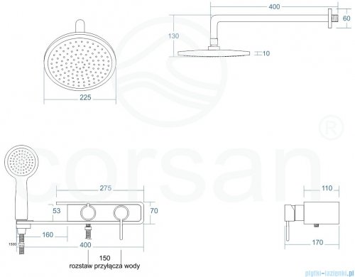 Corsan Konekto Fiber kolumna prysznicowa szara rysunek techniczny