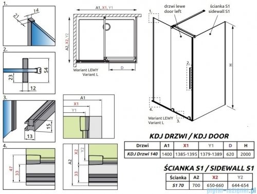 Radaway Furo Kdj Brushed Nickel kabina 140x70cm lewa szczotkowany nikiel 10104722-91-01L/10110680-01-01/10113070-01-01