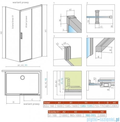 Radaway Idea Kdj Brushed Nickel kabina 160x100cm prawa szczotkowany nikiel 387046-91-01R/387052-91-01L