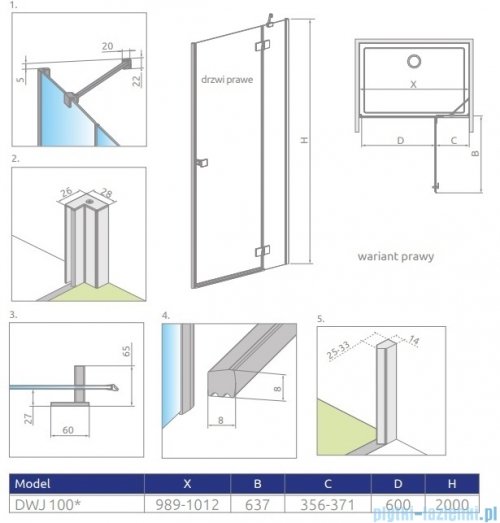 Radaway Essenza 8 Brushed GunMetal Dwj drzwi wnękowe 100cm prawe szczotkowany grafit/szkło przejrzyste 10480612-01-01R/10460337-92-01R