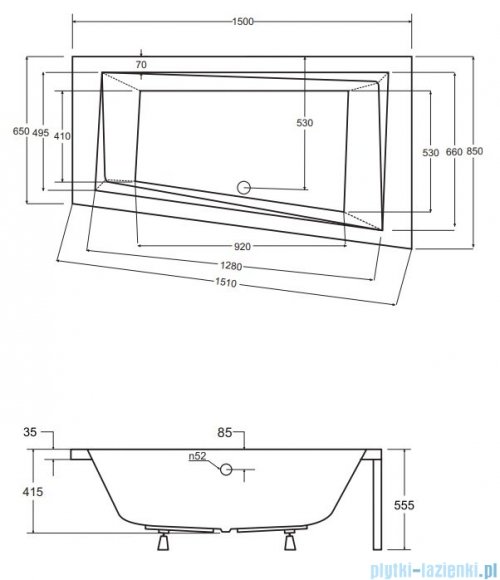 Besco Intima 150x85cm wanna asymetryczna prawa + obudowa + czarny syfon #WAI-150-NPI/#OAP-150-INT/19977