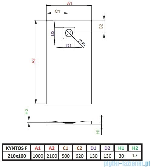 Radaway Kyntos F brodzik 210x100cm biały rysunek techniczny