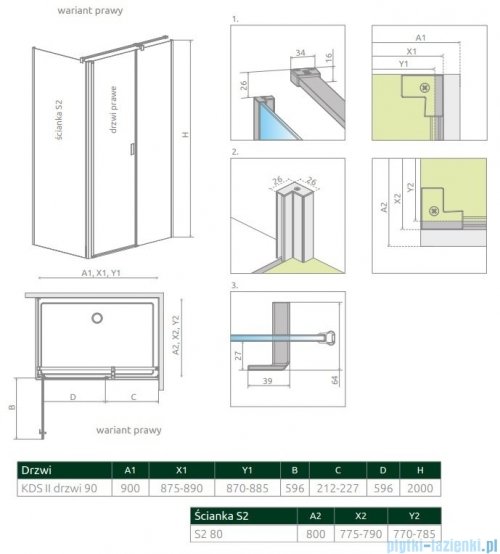 Radaway Nes Kds II kabina 90x80cm prawa szkło przejrzyste 10033090-01-01R/10040080-01-01