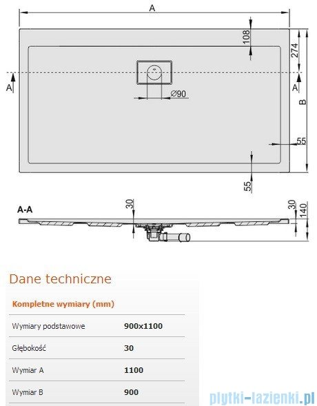 Sanplast Space Line brodzik prostokątny 110x90x3cm+syfon 615-110-0210-01-000