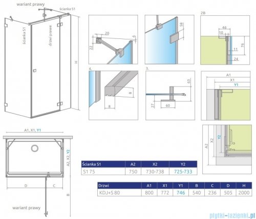 Radaway Essenza Pro Brushed Nickel Kdj+S kabina 75x80x75cm prawa szczotkowany nikiel 10097380-91-01R/10098075-01-01/10098075-01-01