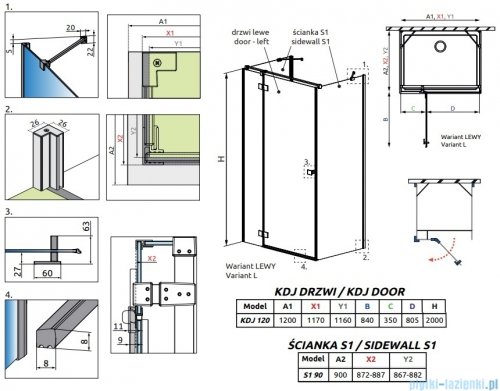 Radaway Essenza Brushed GunMetal Kdj+S kabina 90x120x90cm lewa szczotkowany grafit 1384050-01-01/1385024-92-01L/1384050-01-01